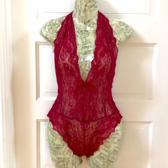 Avid Love sz Small lace bodysuit Haler top scalloped edge deep wine red sheer - Picture 1 of 13